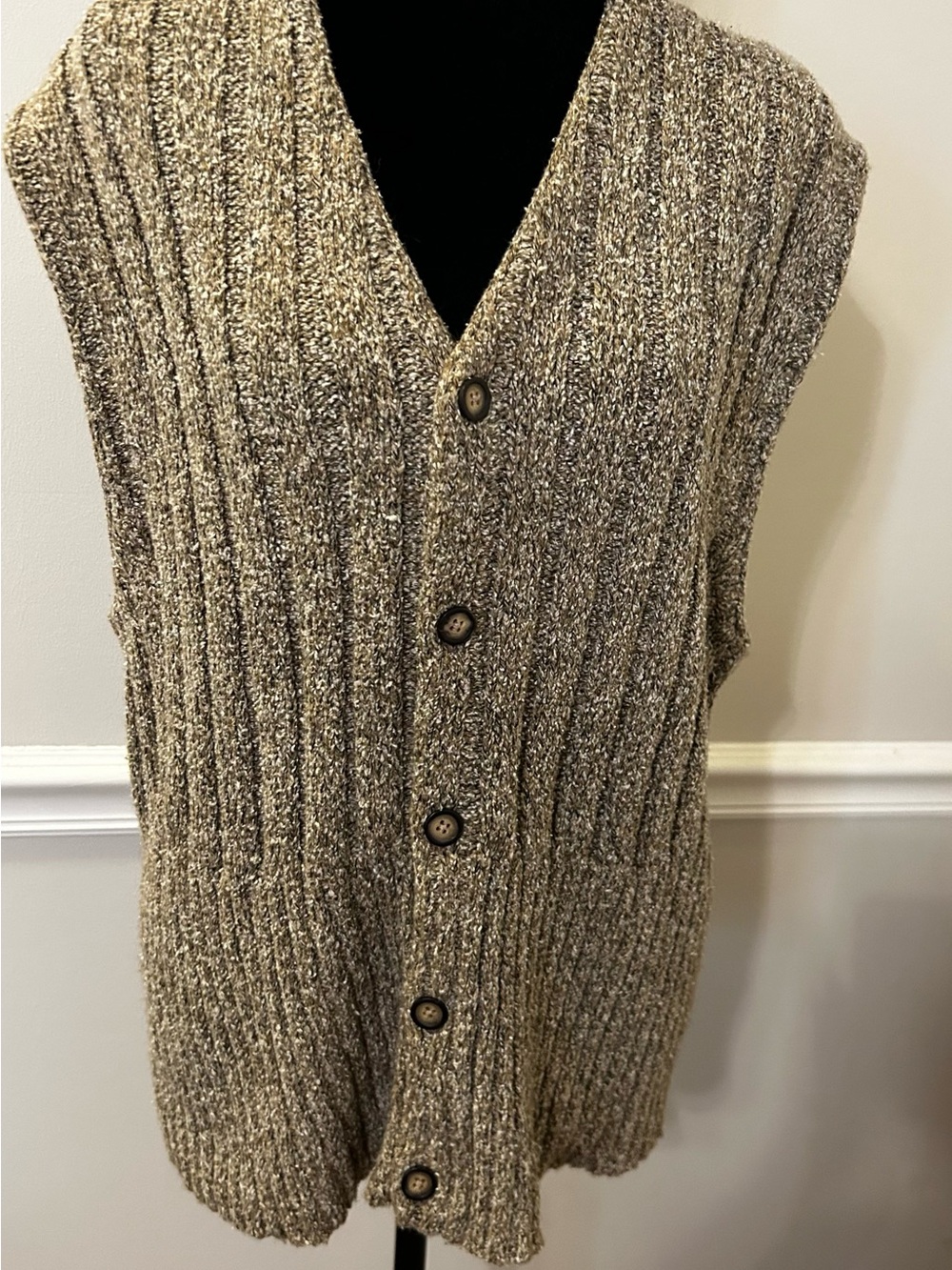 Henry Grethel V-Neck Button-Front Sweater Vest in Heathered Brown
